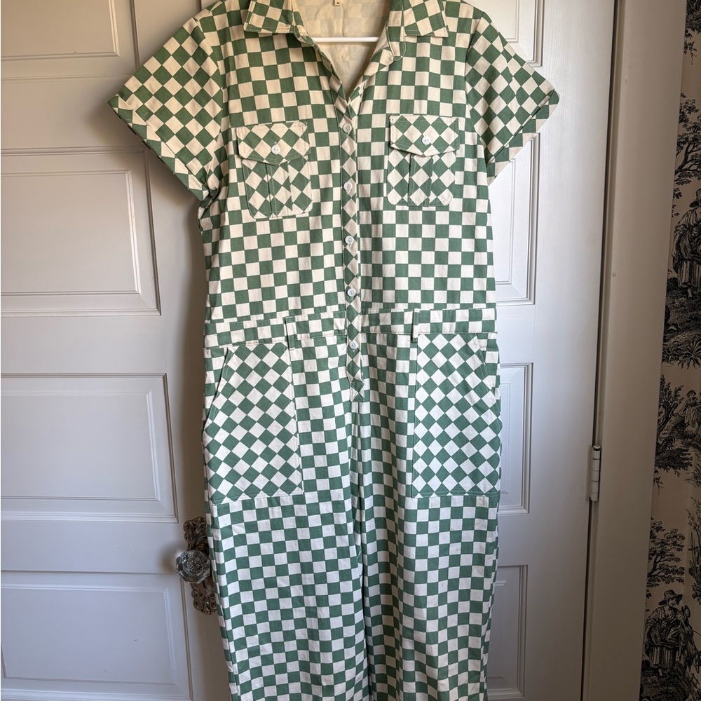 Checkerboard Green and White Button-Front Women's Dress